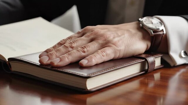 Notebook closing with hand. A hand resting on top of a notebook as it is closed slowly and deliberately.