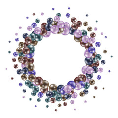 Obraz premium Round wreath frame formed from a scatter of dark blue, bronze, and lilac pearls. png