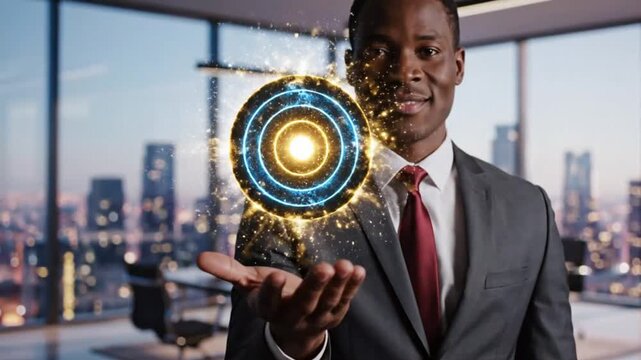 A man in a suit holding a glowing target with a cityscape backdrop. The man is focused and confident as he presents the target