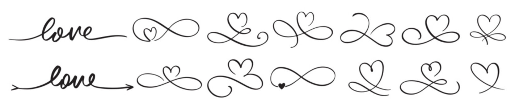 hand lettering love heart infinity symbol with word set love
