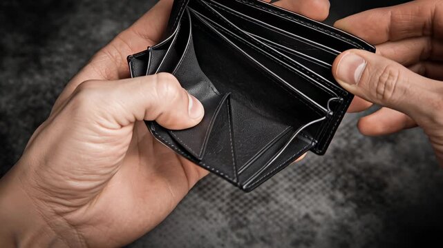 Hand holding an empty black leather bifold wallet with multiple card slots, illustrating financial austerity, economic hardship, budgeting challenges, and the concept of having no cash available