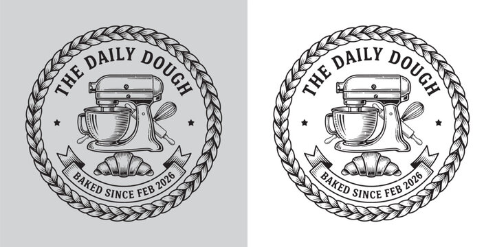 Vintage Bakery Logo with Stand Mixer and Croissant Emblem