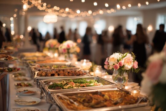 Romantic reception scene showcasing a lavish wedding buffet with floral arrangements and smiles