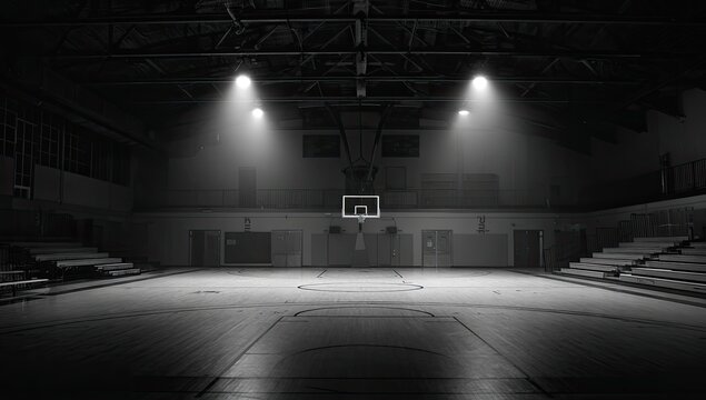 Empty, dimly lit basketball court with bleachers under dramatic spotlights
