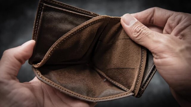 Hand holding an old open leather wallet showing empty interior against dark background, symbolizing financial hardship, debt, poverty, unemployment and lack of cashflow