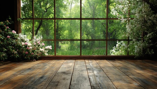 Rustic wooden floor overlooking lush spring forest with blooming trees