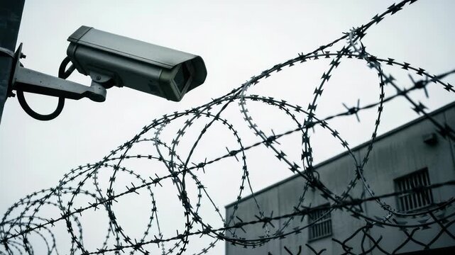 Security surveillance camera and razor wire fence guarding prison building