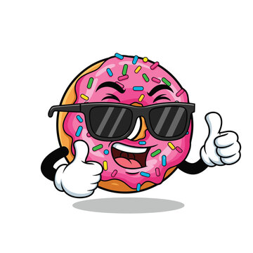 A cheerful pink donut character wearing sunglasses and giving two thumbs up expressing positivity high-quality