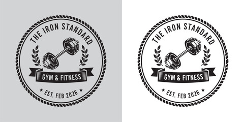 Circular Gym and Fitness Badge with Barbell and Laurel Wreath © Hamdani