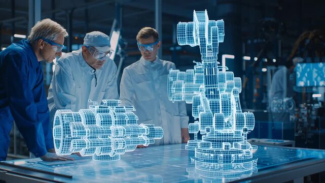 Three engineers and scientists wearing safety glasses and cleanroom suits examining a holographic projection of an engine and robotic arm on a modern desk in a factory setting