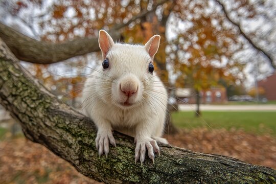 Serene outdoor portrait of a white squirrel in Olney, Illinois park setting