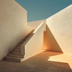 Stairs rise to a light source in a minimal architectural design at a sunny location