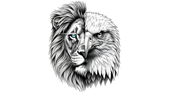 lion face and half eagle face isolated on white background.