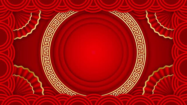 Motion graphic of Golden circle frame with chinese new year and year of the Rabbit 2026 on dark red background and glitter particle in a happy new year concept abstract background seamless loop video