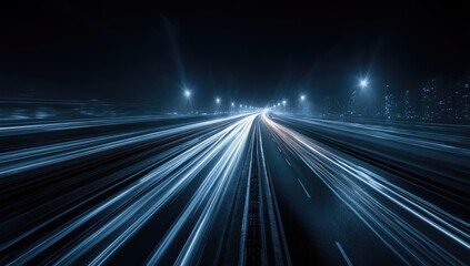 Fototapeta premium Streaking lights illuminate a dark highway, conveying speed and movement