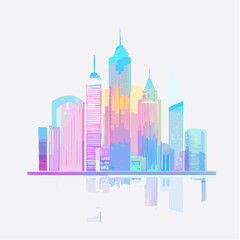Obraz premium Vibrant Abstract City Skyline Illustration Featuring Colorful Skyscrapers and a Mirrored Reflection, Capturing Modern Urban Architecture and Design Elements