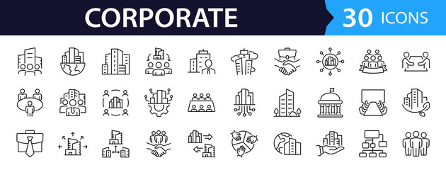Corporate Web Icon Set in Linear Style. Collection of corporate business, line icons, including business strategy, office, management, workflow, buildings and more. Editable stroke