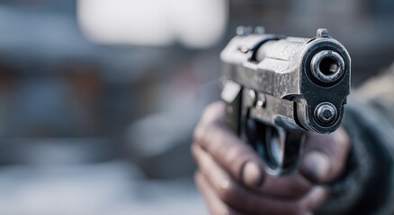 Hand holding handgun, aimed directly forward, creating a tense, confrontational scene