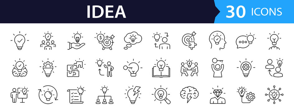 Idea Web Icon Set in Linear Style. Collection of creative idea, line icons, including creativity, thinking, light bulb, innovation, solution, inspiration, business, thinking and more. Editable stroke
