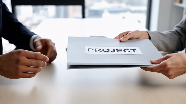 Business Meeting Handshake Over Project Document Exchange.