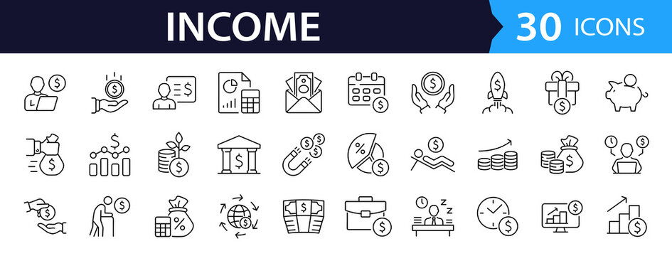 Income Web Icon Set in Linear Style. Collection of money, line icons, including money, payment, earnings, pension, economy, bonus, dividend, tax, accounting, financial and more. Editable stroke
