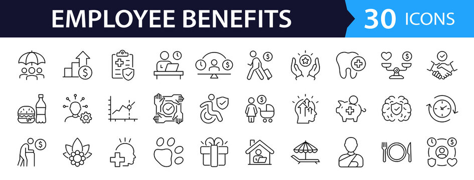 Employee benefits Web Icon Set in Linear Style. Collection of benefits, line icons, including social security, work-life balance, pay raise, insurance, wellness, compensation and more. Editable stroke