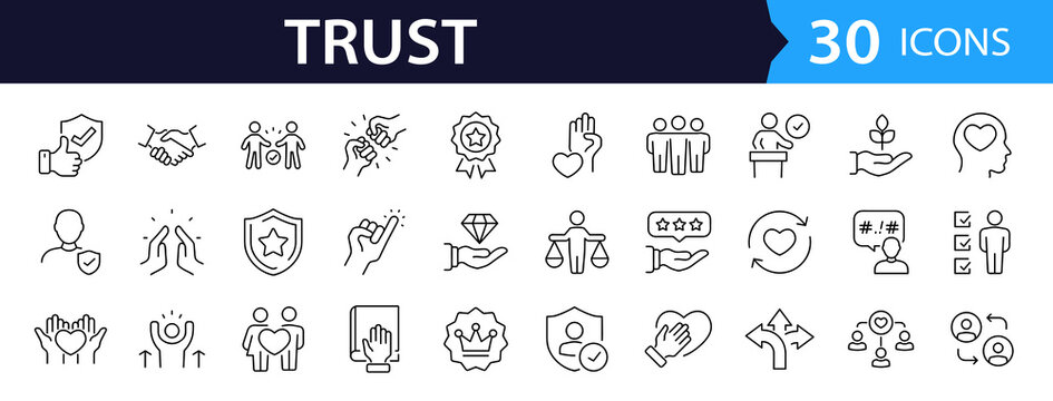 Trust Web Icon Set in Linear Style. Collection of trustworthy, line icons, including trustworthy, credibility, confidence, integrity, confidence, promise, loyalty, honesty and more. Editable stroke