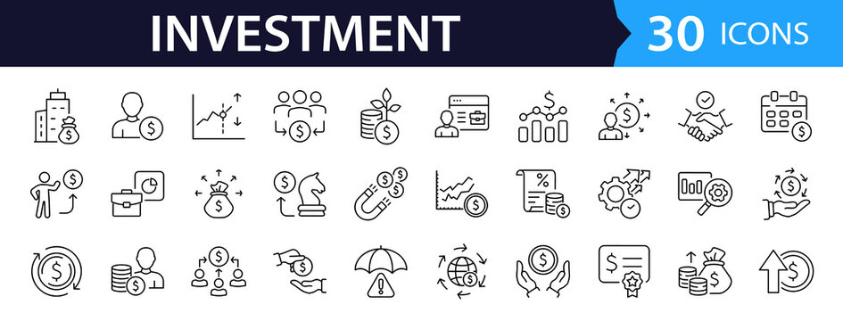 Investment Web Icon Set in Linear Style. Collection of finance and money, line icons, including profit, investor, portfolio, asset, management, financial gain, interest and stock. Editable stroke