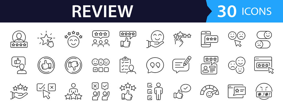 Review Web Icon Set in Linear Style. Collection of feedback, line icons, including rating, satisfaction, like, customer experience, testimonial, comment, opinion, recommend and more. Editable stroke