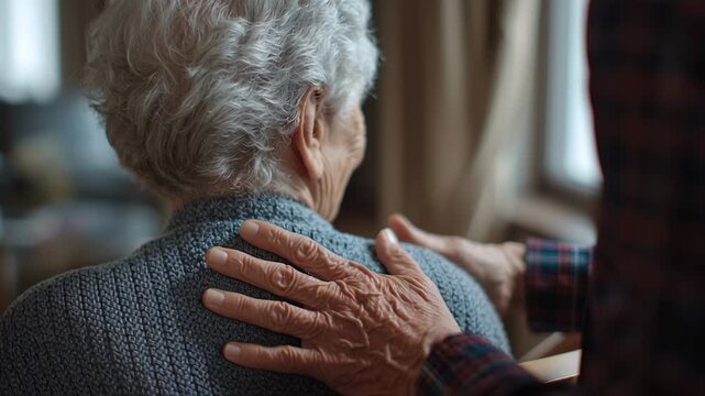 Elderly person receiving comforting physical support from another's hand on their shoulder, symbolizing care, kindness, and compassion for seniors during later life stages