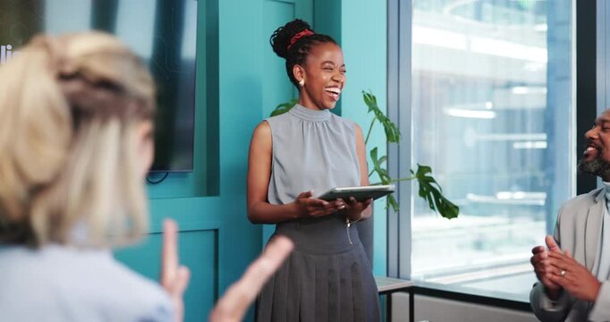Applause, success and tablet with woman speaker in office for personalization vs privacy workshop. App, meeting and review with business people clapping in boardroom for discussion of user experience