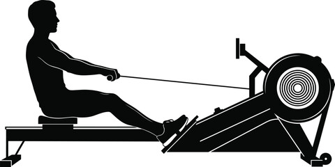 Side View Silhouette of a Fit Man Exercising on a Rowing Machine for Cardio Workout Strength Training and Fitness Illustration © MDABDUR