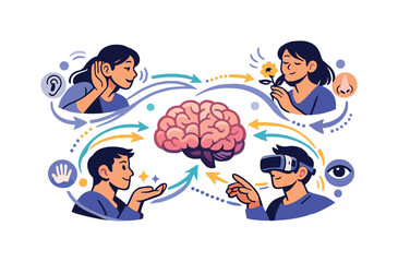 Fototapeta premium Brain–body dialogue. Brain icon connected to sensory organs through flowing paths, signals moving back and