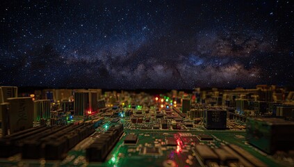 Obraz premium Circuit board cityscape illuminated by starlight, a futuristic miniature metropolis