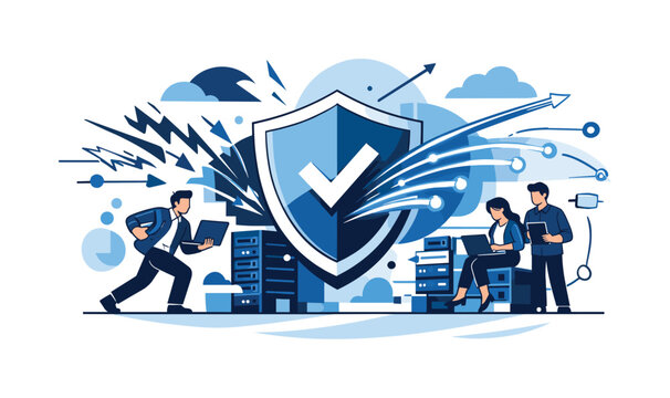 Cyber resilience. Digital shield protecting servers and networks, data streams bouncing back after an attack.