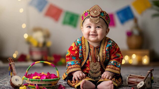 Adorable Baby in Traditional Outfit with Musical Instruments and Flowers