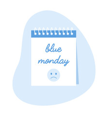 Daily calendar with text blue monday and sad smiley face on sheet, flat vector illustration