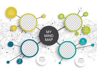 This creative mind map template with photo placeholders features a complex network connection background for brainstorming sessions. Mind map to visualize a data-driven network connection strategy.