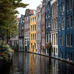 Naklejka premium A row of colorful, historic buildings lining a canal in Amsterdam, Netherlands. 