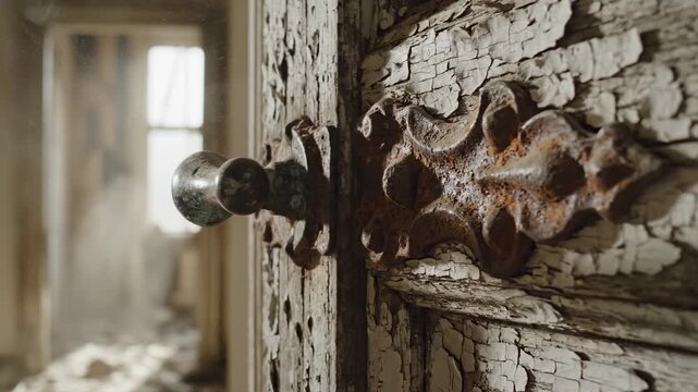 Old door closing. Close view of an old door slowly shutting in an abandoned hallway, paint chipped and hinges rusted