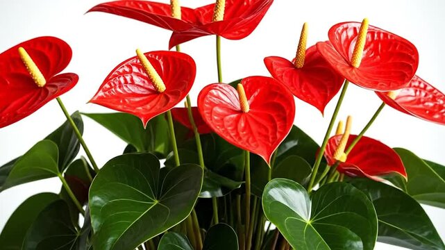 A vibrant display of red anthurium flowers in a decorative pot against a clean white background.
