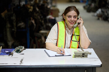 Worker on the phone at a desk, taking notes in a warehouse setting