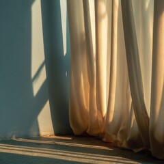 Sunlight comes through the curtains in a room, casting shadows on the floor and wall during the afternoon hours