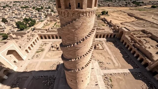 Samarra Great Mosque unique perspective from above showing the iconic spiral minaret