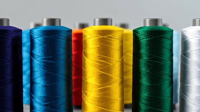 Vibrant spools of thread in various colors arranged neatly against a neutral background, ready for crafting.