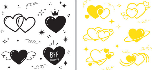 Two sets of heart-themed stickers and icons: the left features black hearts with a crown, wings, and "BFF FOREVER" text  the right shows yellow hearts with planetary rings and sparkles. © reza