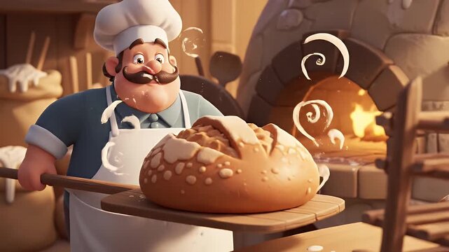 Smiling baker puts fresh bread into a hot stone oven