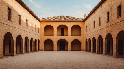 Fototapeta premium A historic courtyard with arched walkways and brick walls, open to the sky and surrounded by a symmetrical building.