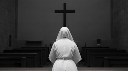A nun stands alone in a dimly lit church, facing a large cross at the altar, evoking solitude and devotion.