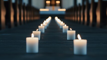 Lit candles line the aisle of a dimly lit church, creating a serene and peaceful atmosphere.